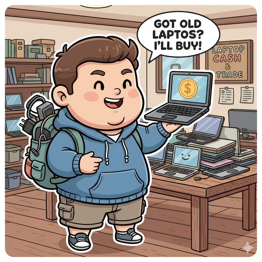 Give me a Q version photo of a second-hand laptop buyer